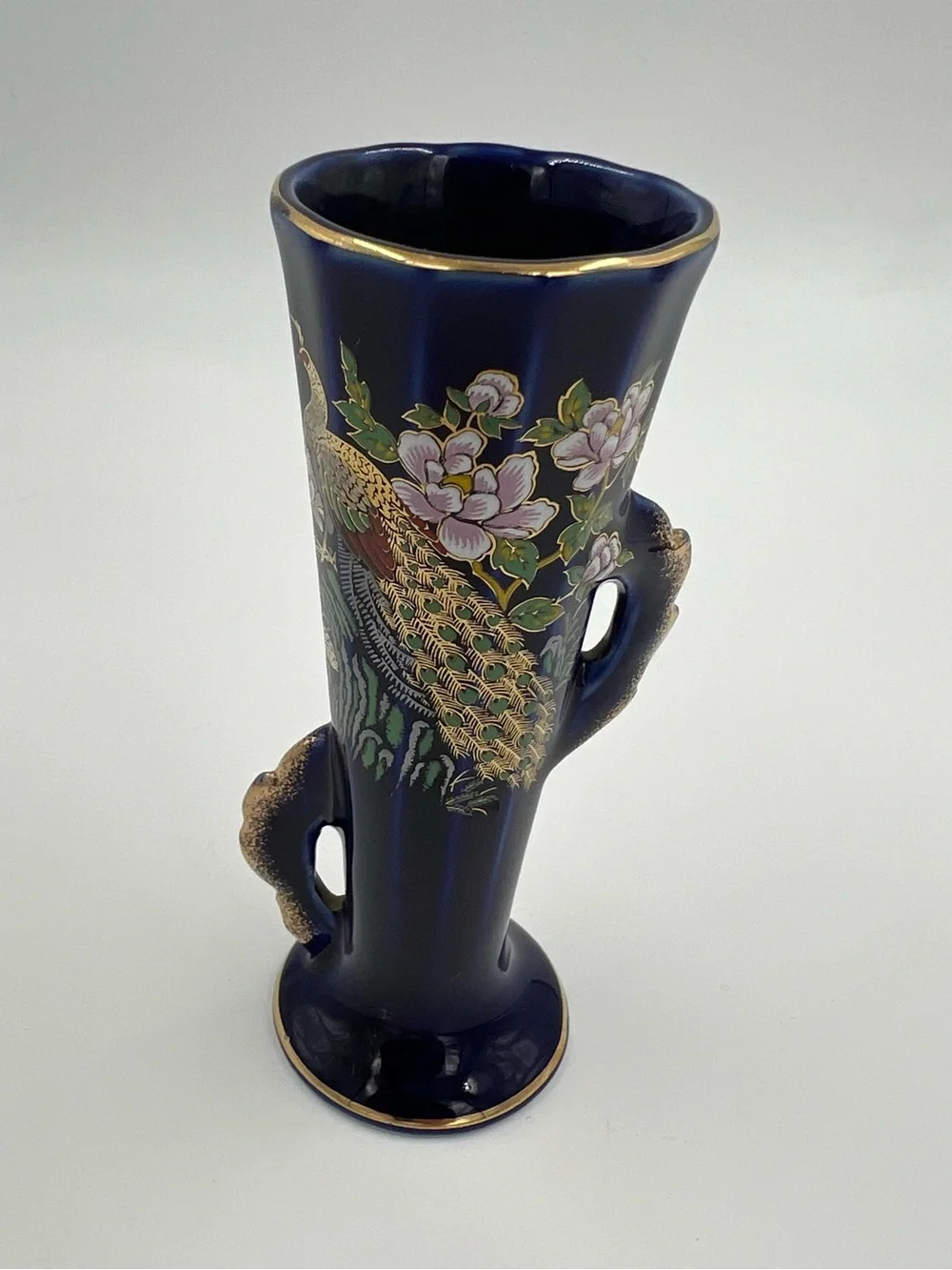 Vintage Cobalt Blue Peacock & Floral Gold Accents Bud Vase Japan 4.75” Tall